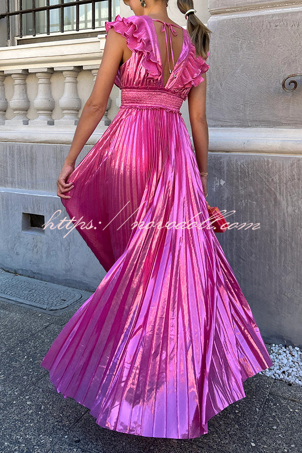 Party Season Metallic Fabric Pleated Smocked Waist Ruffles Sleeve Maxi Dress