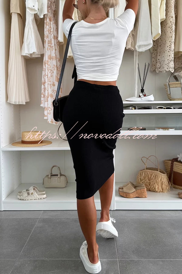 Perfect Basics Ribbed Knit Elastic Waistband Stretch Midi Skirt