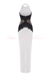 Sexy Halterneck Lace Paneled Backless Slim Maxi Dress