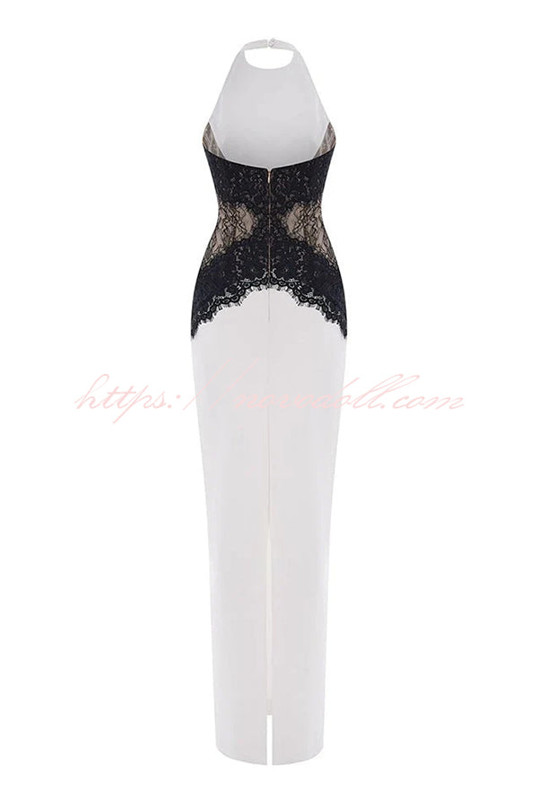 Sexy Halterneck Lace Paneled Backless Slim Maxi Dress