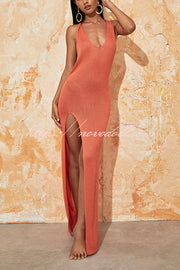 Solid Color Sexy Open Back High Slit Knitted Cover-up Maxi Dress