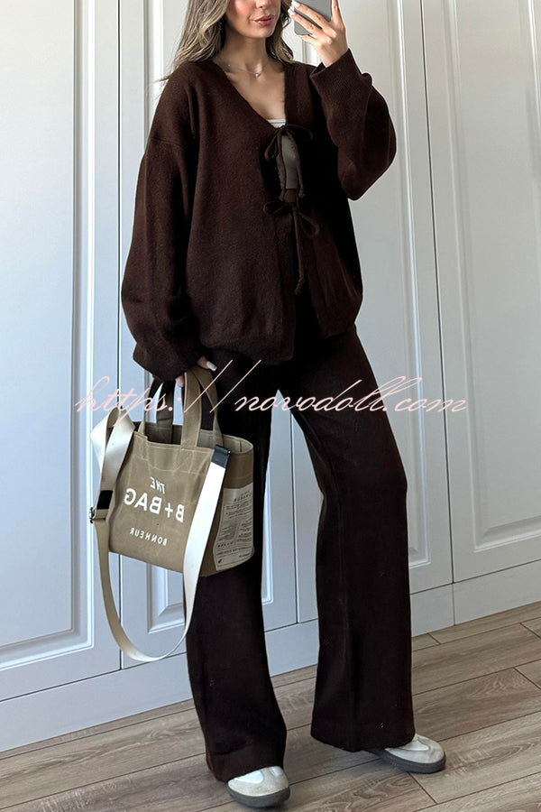 Solid Color V-neck Tie Long-sleeved Loose Knit Cardigan and Elastic Waist Casual Straight Leg Pants Set