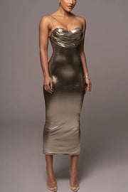 Visions of You Metallic Fabric Cowl Neck Removable Straps Stretch Midi Dress