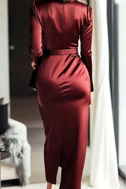 Solid Color Satin V-neck Long Sleeve Waist Slim Midi Dress