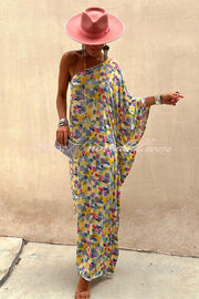 Indio Watercolor Print One Shoulder Drape Sleeve Maxi Dress