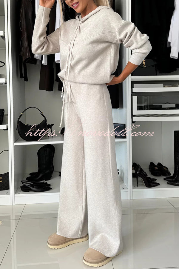 Solid Color Loose Hooded Tie Sweatshirt and Elastic Waist Casual Straight Pants Set