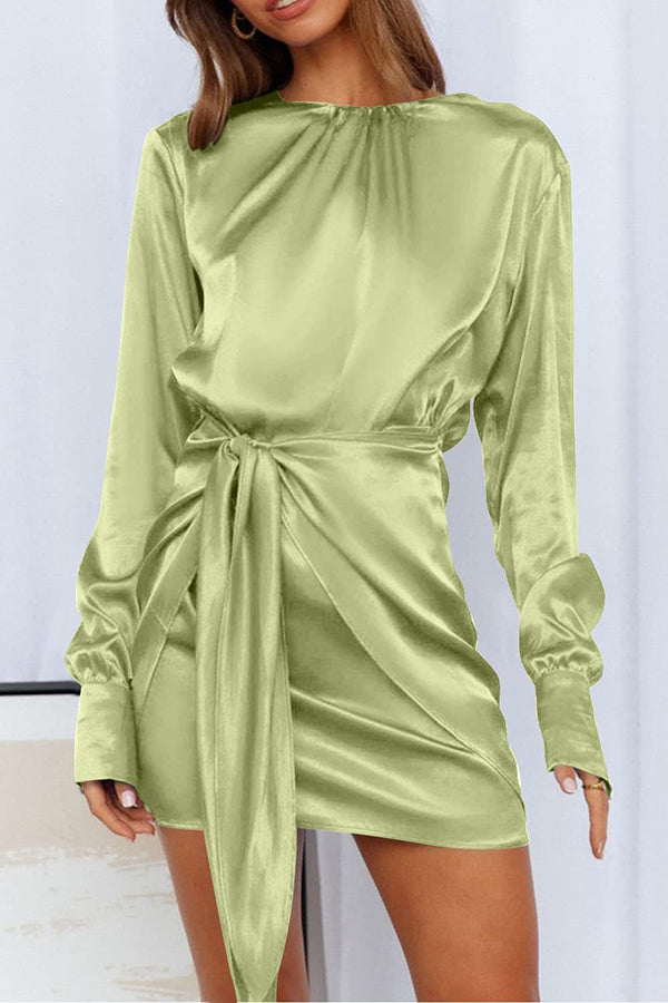 Satin Round Neck Long Sleeve Elastic Tie Mini Dress