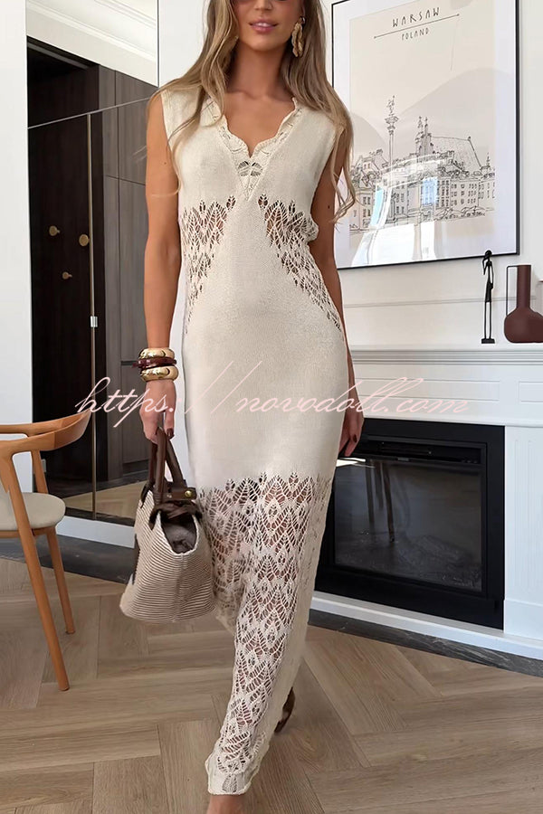 Solid Color Hollow Knitted V-neck Slim Fishtail Maxi Dress