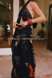 Jungle Elf Unique Print Halter Slit Midi Tank and Elastic Waist Wide Pants Set