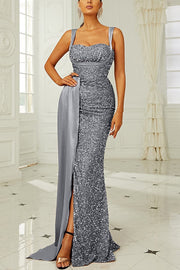 Banquet Sequined Backless Strappy Fishtail Maxi Dress