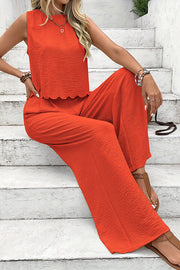 Solid Color Sleeveless Back Tie Vest and Elastic Waist Pocket Straight Pants Set