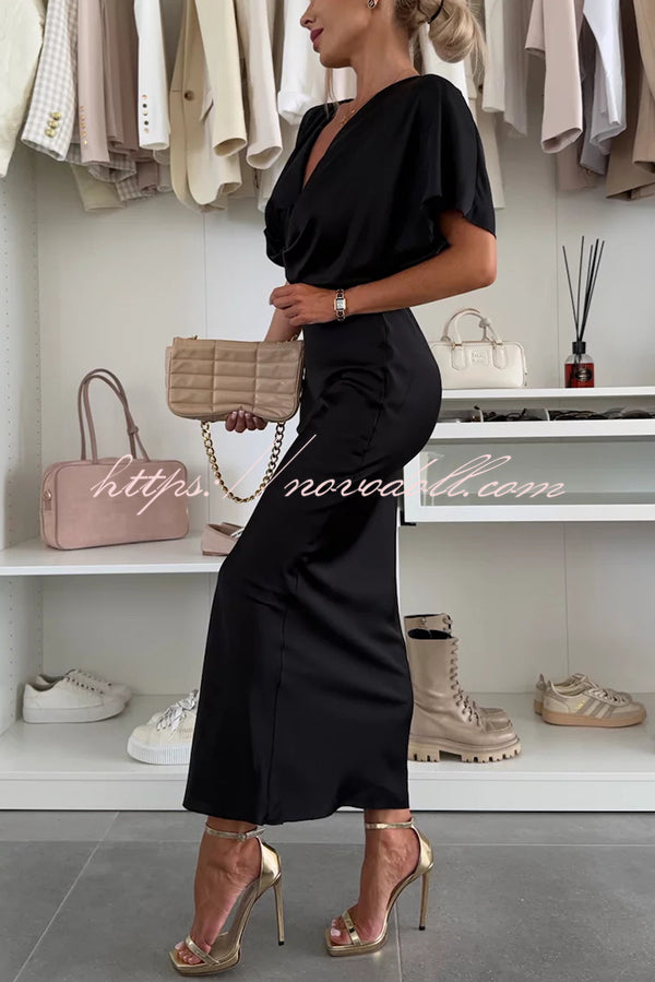 Satin Solid Color V-neck Cross Knot Slim Maxi Dress