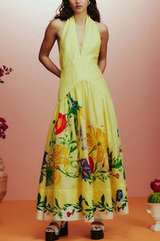 Floral Print Halterneck Open Back Full Hem Maxi Dress