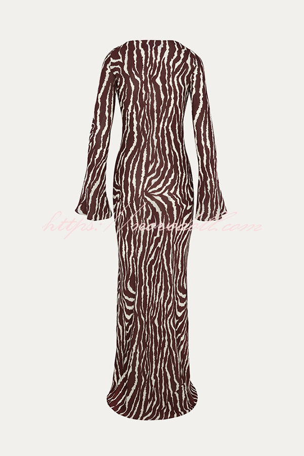 Gia Unique Print Boat Neck Long Bell Sleeve Bias Cut Maxi Dress