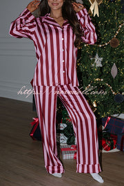 Courtney Satin Colorblock Striped Loose Shirt and Elastic Waist Pocketed Pajama Set