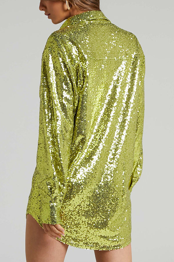 Solid Color Sequined Long-sleeved Casual Mid-length Loose Shirt