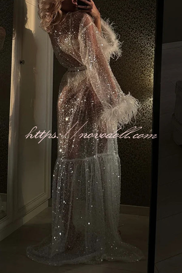 Fashionable Sequined Feather Long-sleeved Vacation Loose Extra-long Sun Protection Cover-up