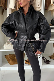 Play It Cool Faux Leather Single Button Elastic Waist Lapel Moto Jacket