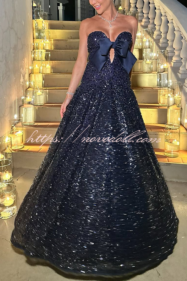 Sparkling Sky Sequin Satin Bow Detail Off Shoulder Prom Maxi Dress