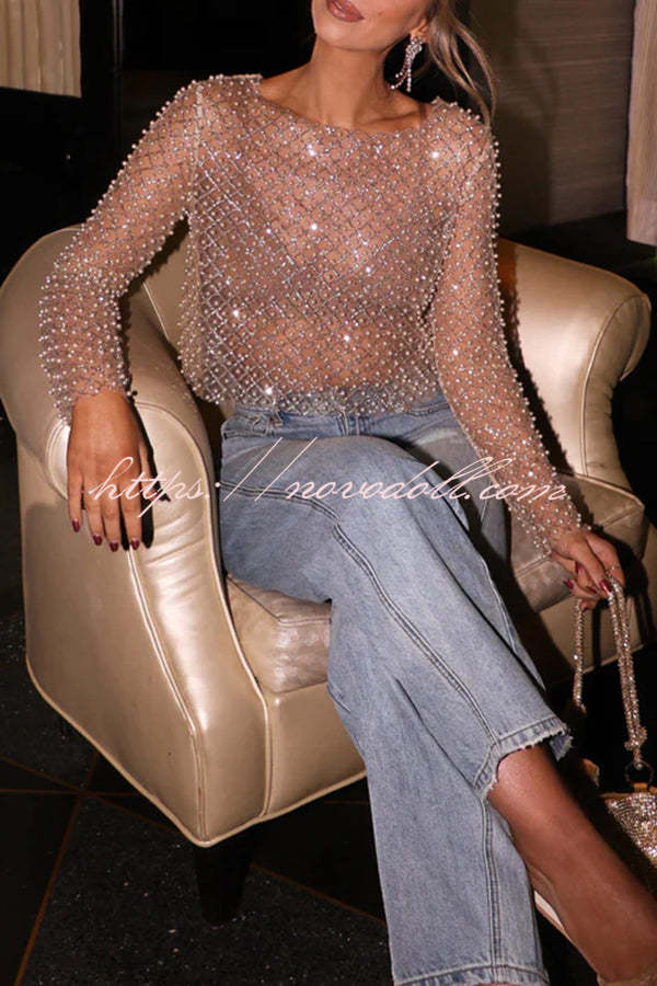 Champagne Kiss Sparkling Pearls Long Sleeve Loose Sheer Top