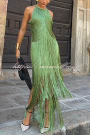 Fashion Sleeveless Halter Neck Elegant Tassel Slim Maxi Dress