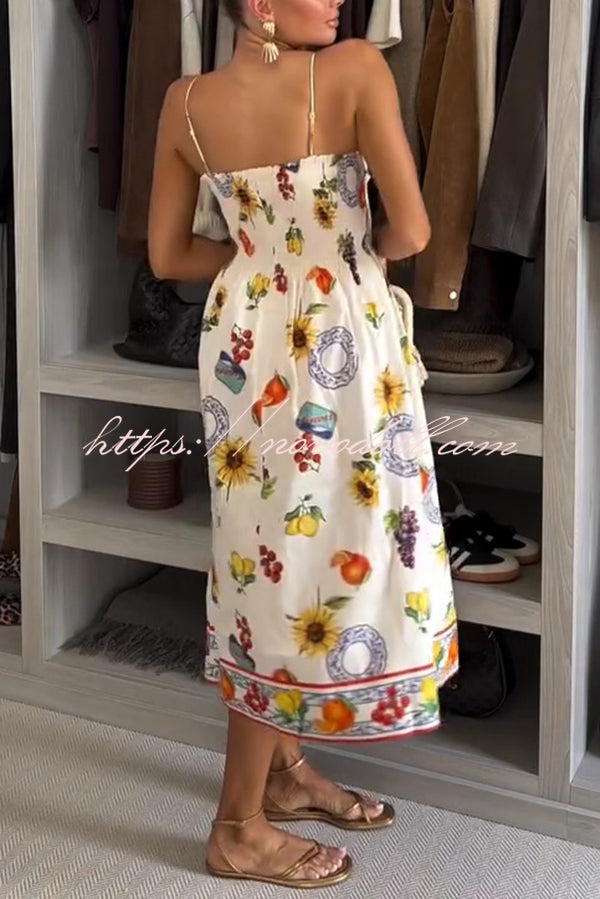 Summer Fruit Print Sling Pleated Vacation Midi Dress