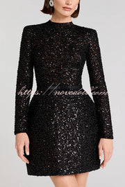 Edie Sequin High Neck Long Sleeve Satin Bow Belted Tulip Mini Dress