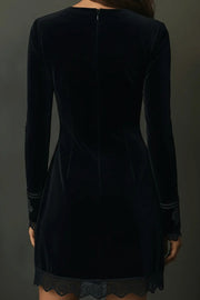 Fashionable Velvet V-neck Long-sleeved Lace-trimmed Mini Dress