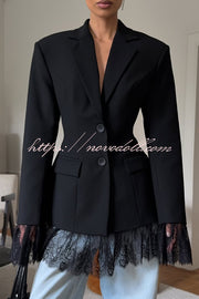 Solid Color Lace Panel Long Sleeve Button Elegant Blazer
