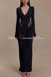Sexy See-through Long-sleeved V-neck Pleated Slim-fit Maxi Dress