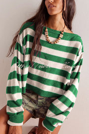 Striped Print Crew Neck Long Sleeve Loose Knitted Sweater