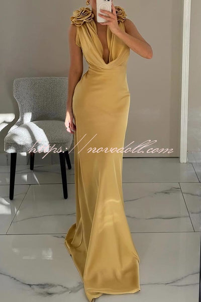 Getting Pretty Satin Flower Decoration Cowl Neck Party Maxi Dress