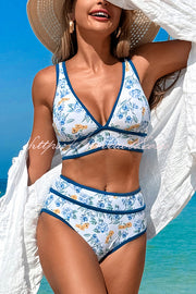 Solid Color Contrast High Waist Stretch Bikini Swimsuit