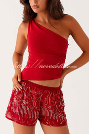 Dazzling Sequin Beaded Material Low Rise Elastic Waist Loose Shorts