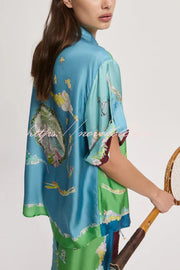 Unique Printed Lapel Short-sleeved Loose Shirt and Elastic Waist Tie Wide-leg Pants Set