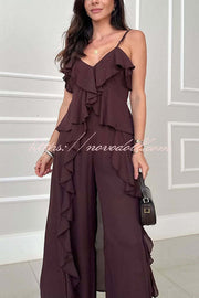 Agnes Chiffon Ruffle Front Slit Midi Slip Top and Elastic Waist Pocket Loose Pants Set