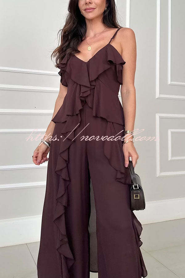 Agnes Chiffon Ruffle Front Slit Midi Slip Top and Elastic Waist Pocket Loose Pants Set