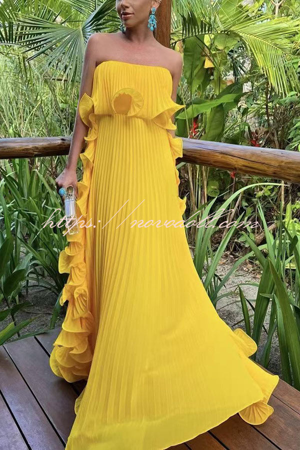 Reina Chiffon Pleated Wavy Ruffles Trim Strapless Loose Maxi Dress