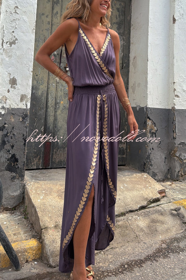 Tamia Gold Trim Elastic Waist Slit Wide Leg Slip Jumpsuit