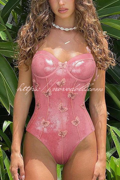 Solid Color Shiny Fabric Sweet Butterfly Decoration Stretch One-piece Swimsuit