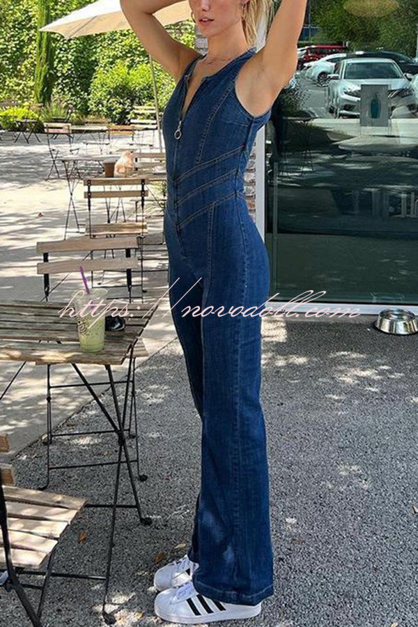 Fashionable Heart Hollow Back Slim High Waist Flared Denim Jumpsuit