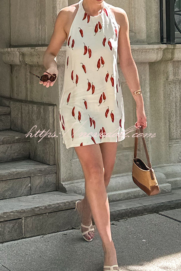 Spicy Summer Chili Pepper Unique Print Soft Fabric Halter Loose Mini Dress