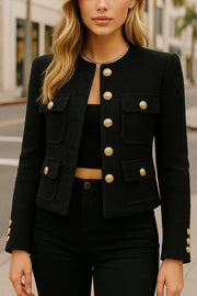 Solid Color Round Neck Long Sleeve Button Pocket Short Coat