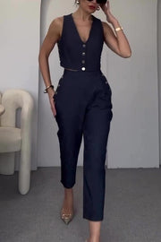 Stylish Button-up Vest and Pocket Straight-leg Pants Set