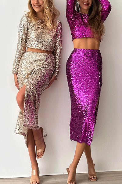 Solid Sequined Long-sleeved Crop Top and Sexy Slit Midi Skirt Set