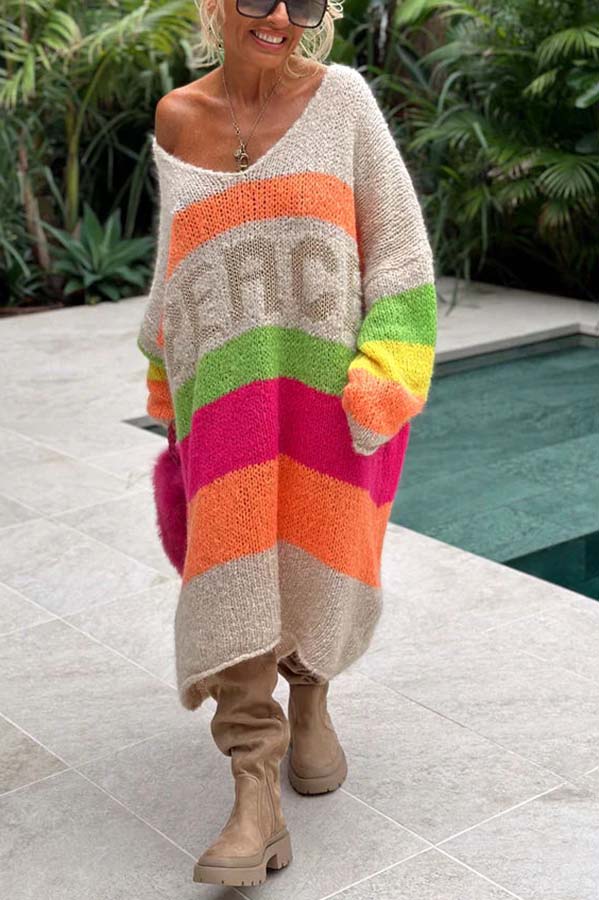 True Faith Knit Peace Pattern Color Blocks Loose Midi Sweater Dress