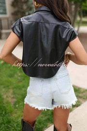Fashion Faux Leather Pocket Sleeveless Cropped Jacket