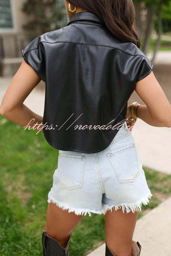 Fashion Faux Leather Pocket Sleeveless Cropped Jacket