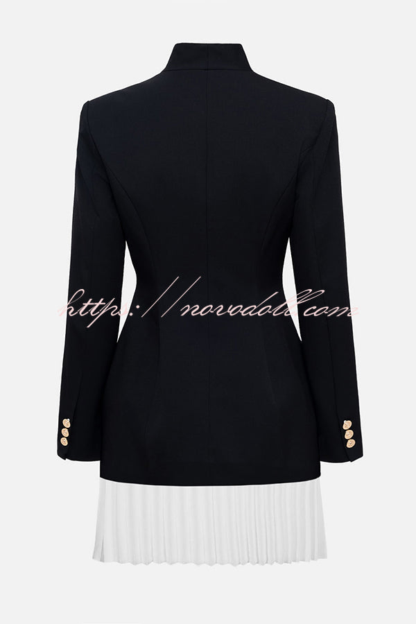 Fashionable Contrast Color Elegant Long Sleeve Pleated Suit Mini Dress