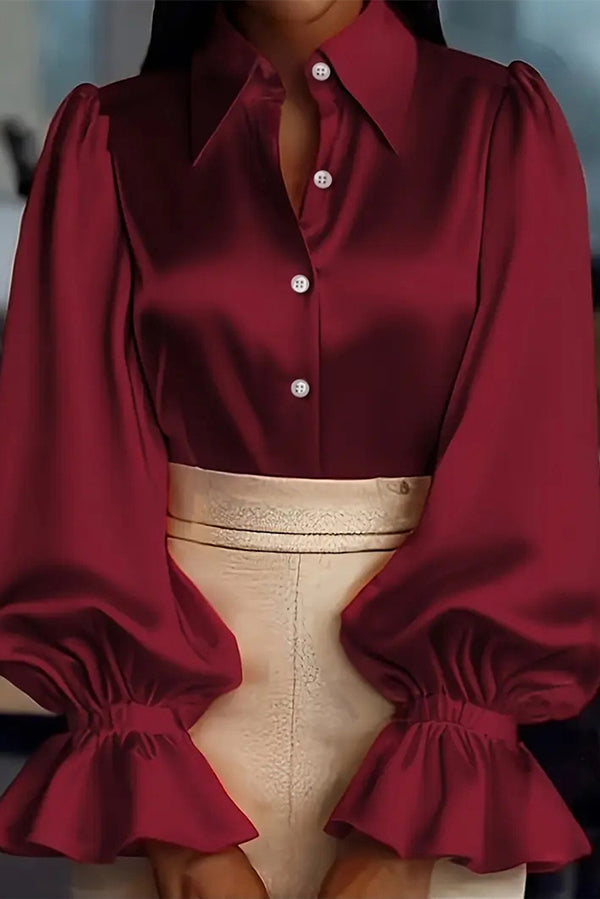 Solid Color Satin Puff Sleeve Casual Button-down Shirt